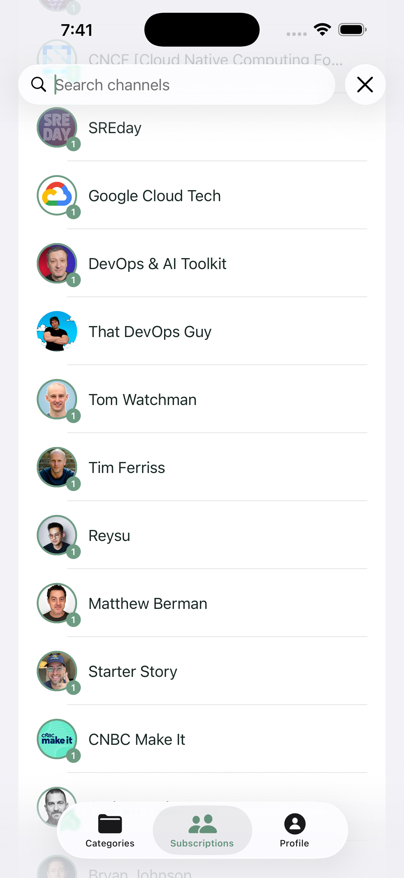 FocusedFeed — subscriptions list
