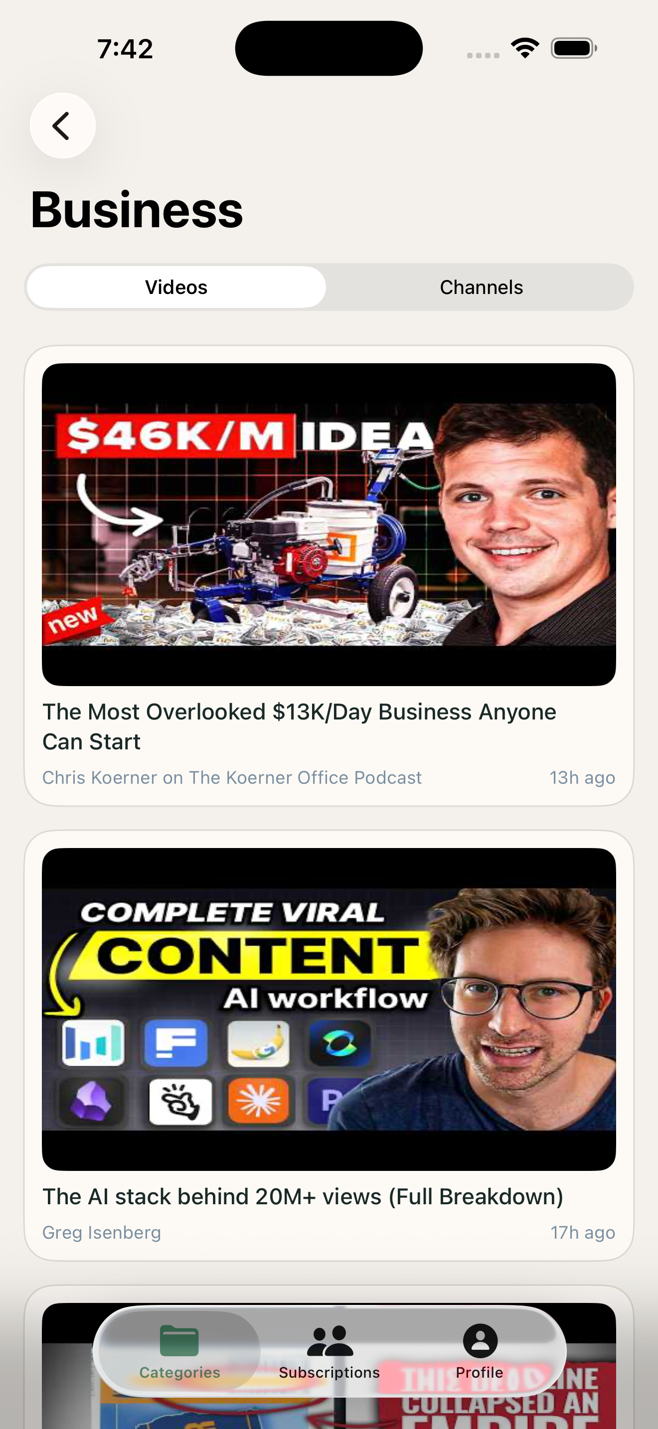 FocusedFeed — category videos view